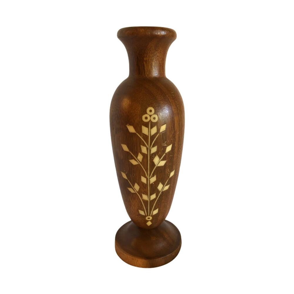 Vintage tall Wood Vase with White Bone inlaid design, hand crafted